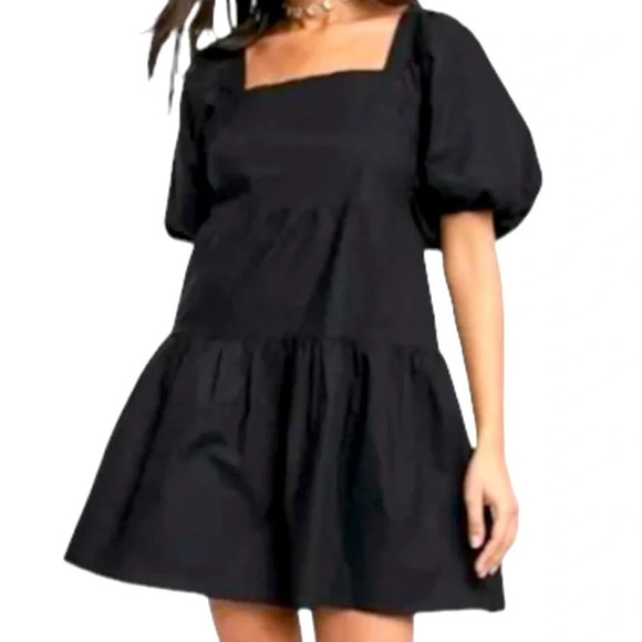 House Of Harlow 1960 Linen Puff Sleeves Tiered Mini Dress size M Black - Picture 1 of 7